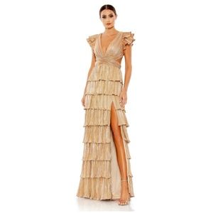 Mac Duggal Ieena Metallic Tiered Gown Gold